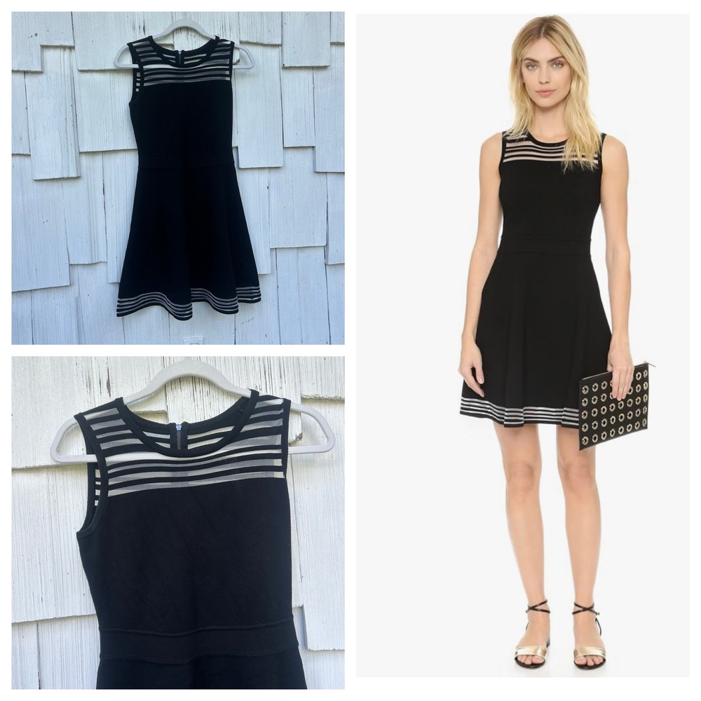 Milly Black Fit and Flare Dress Sheer Mesh Stripe Yoke Hem Sleeveless Small